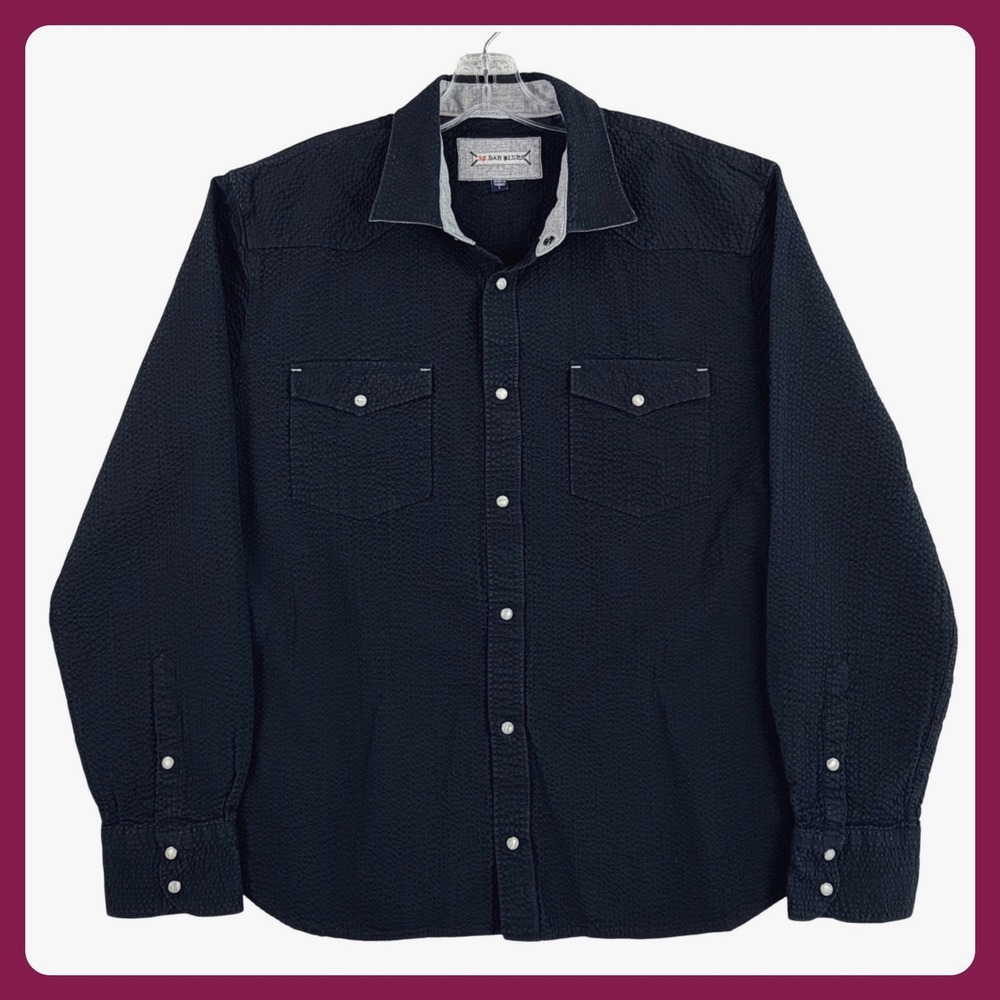 32 Bar Blues Western Snap Shirt Men Large Black Seersucker Cotton Pearl Snap
